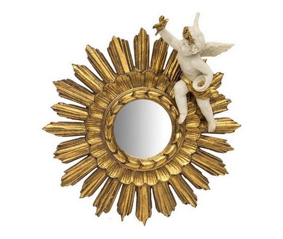 Specchio oro da parete a forma di sole con angelo bianco